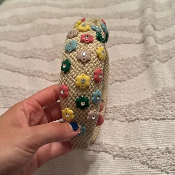 Lele Sadoughi Daphne Floral Charm Knotted Headband in Rainbow & Tan Raffia - Picture 3 of 7